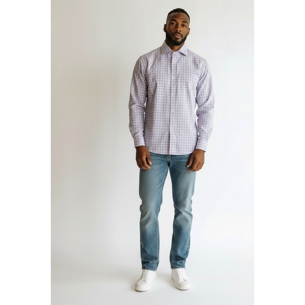Awearness Kenneth Cole Mens Slim Fit Stretch‎ Shirt Purple Plaid  16.5 32/33 - Picture 2 of 6